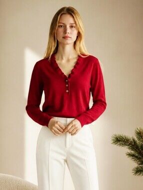 Ralph Lauren Red V-Neck Sweater Ruffle Trim Button Placket Cotton Small